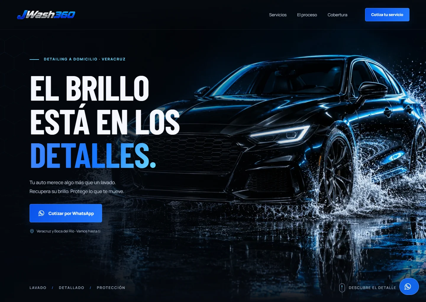 Muestra de diseño para JWash360: estética oscura con azul y fotografía de automóvil